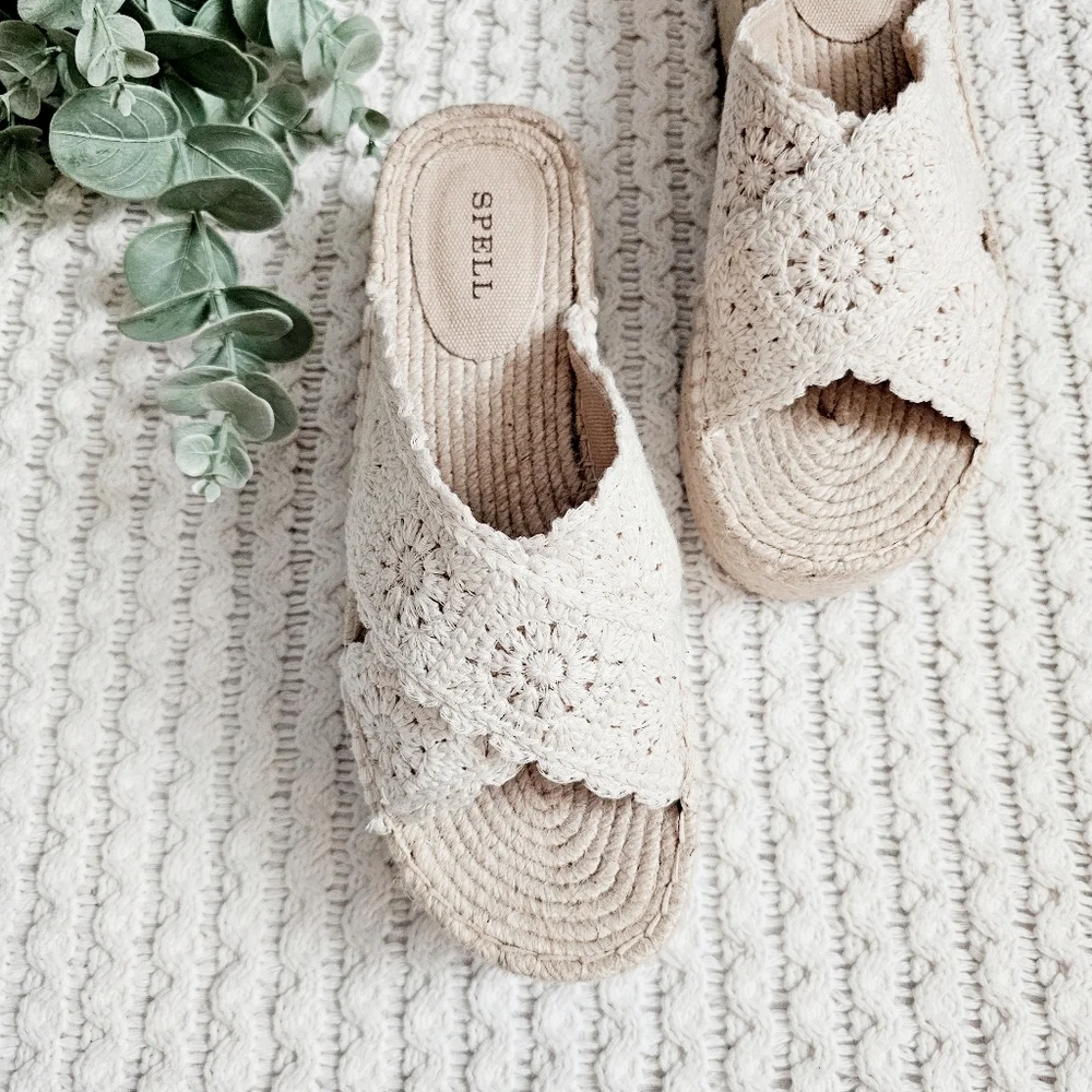 Spell Sun Chaser Crochet Espadrilles Platform Sandals Bisque 40 9 9.5 NEW RARE